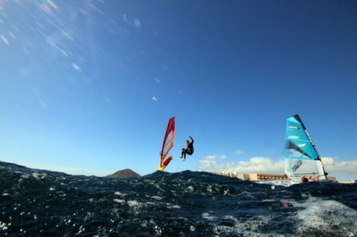 Wave windsurfing flying Friday back loop at El Cabezo in El Medano